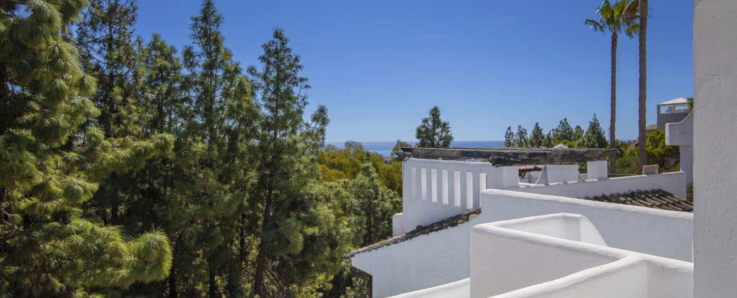 Exclusiva casa adosada reformada con piscina privada y vistas al mar en Calahonda